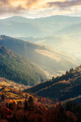 mooie middag in de bergen. heerlijk herfstweer. dichtstbijzijnde bos in kleurrijk gebladerte. verre berg in waas. verticaal