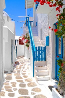 Mooie witte straten van Mykonos, Griekenland
