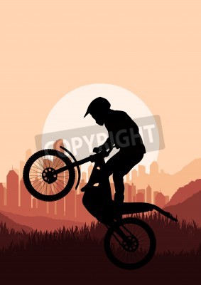 Fotobehang Motorrijder in wolkenkrabber stadslandschap achtergrond illustratie