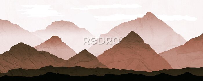 Fotobehang Mountain Landscape illustration with distant mist. Processed in warm graduated brown and rust tones, with background texture.