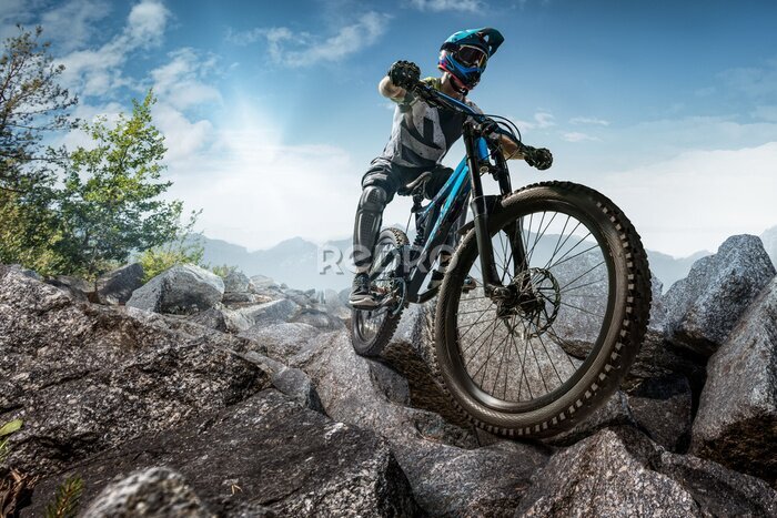 Fotobehang Mountainbiker op stenen pad