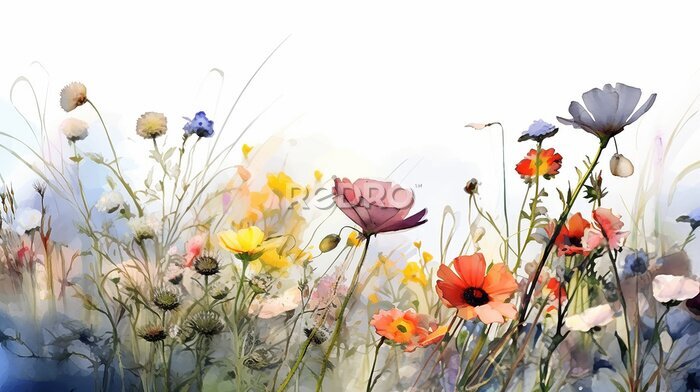 Fotobehang Multicolored wildflowers watercolor field drawing summer. generative ai