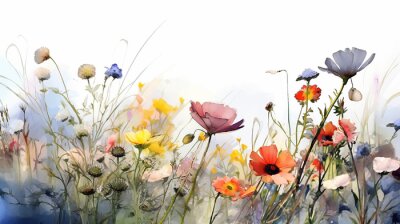 Fotobehang Multicolored wildflowers watercolor field drawing summer. generative ai