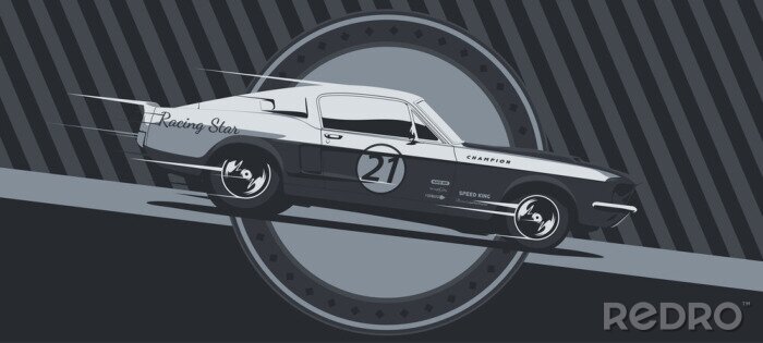 Fotobehang Muscle car on racing, vintage colors, vector illustration.