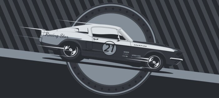 Fotobehang Muscle car on racing, vintage colors, vector illustration.