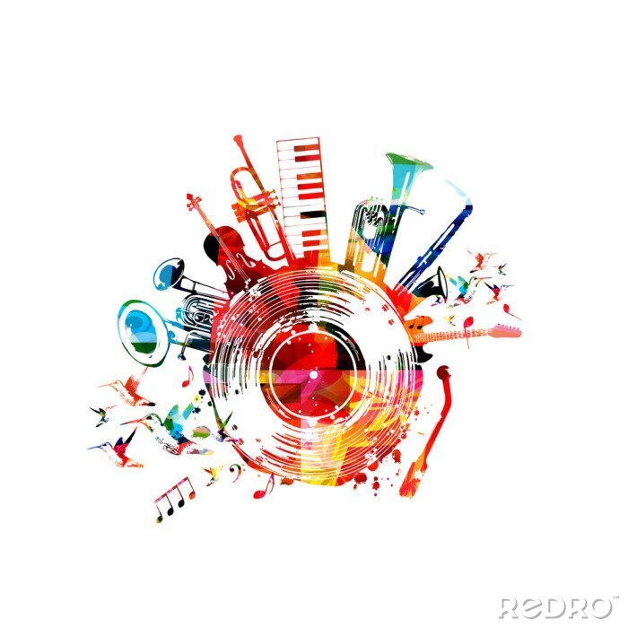 Fotobehang Music background with colorful music instruments and vinyl record disc vector illustration. Music festival poster with double bell euphonium, violoncello, trumpet, piano, euphonium, sax and guitar