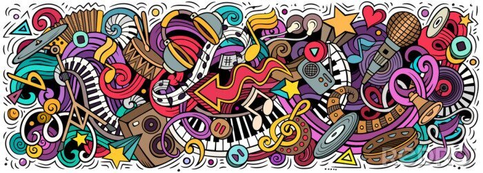 Fotobehang Music hand drawn cartoon doodles illustration. Colorful vector banner