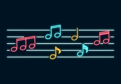 Muziek notities neon teken grens. Led Concept voor muziekwinkel met sleutel. Vector geïsoleerde illustratie.