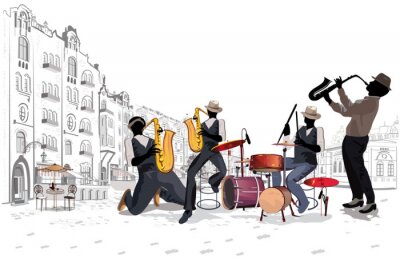 Muzikanten op het feest. Jazzband. Hand getrokken vectorillustratie.
