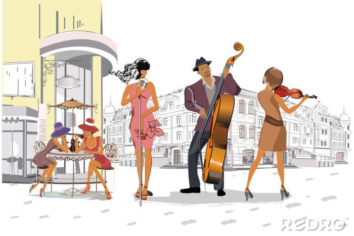 Fotobehang Muzikanten op het feest. Jazzband. Hand getrokken vectorillustratie.