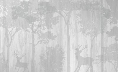 Fotobehang Mystiek grijs bos met herten en bomen