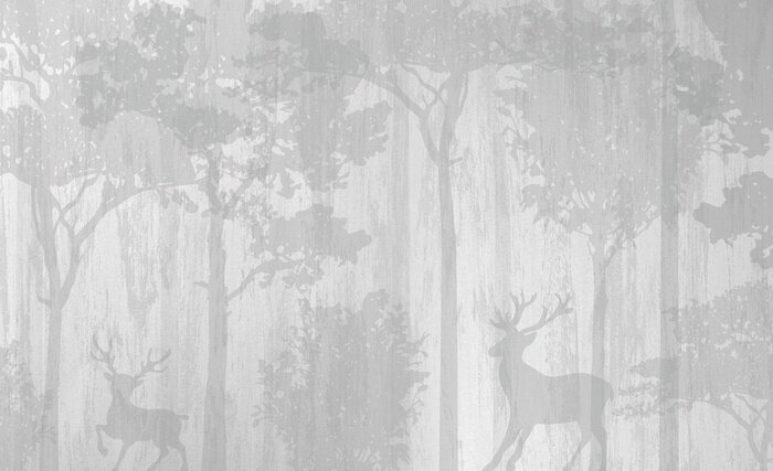 Fotobehang Mystiek grijs bos met herten en bomen