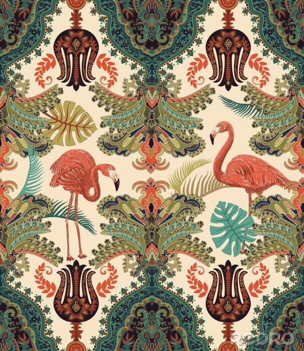 Fotobehang Naadloos Arabisch patroon. Etnisch sierbehang. Kleurrijke decoratieve achtergrond met ornamenten, planten en flamingo's. Ontwerp voor textiel, stof, web, inpakpapier