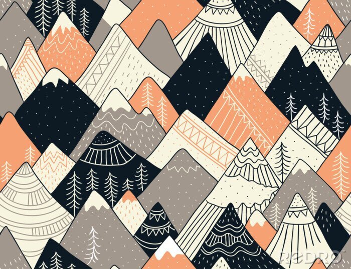 Fotobehang Naadloos patroon met bergen in Skandinavische stijl. Decoratieve achtergrond met landschap. Hand getrokken ornamenten.