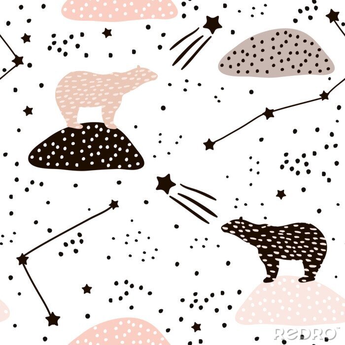 Fotobehang Naadloos patroon met ijsbeer silhouet en sterrenbeelden. Perfect voor stof, textiel.Vector achtergrond