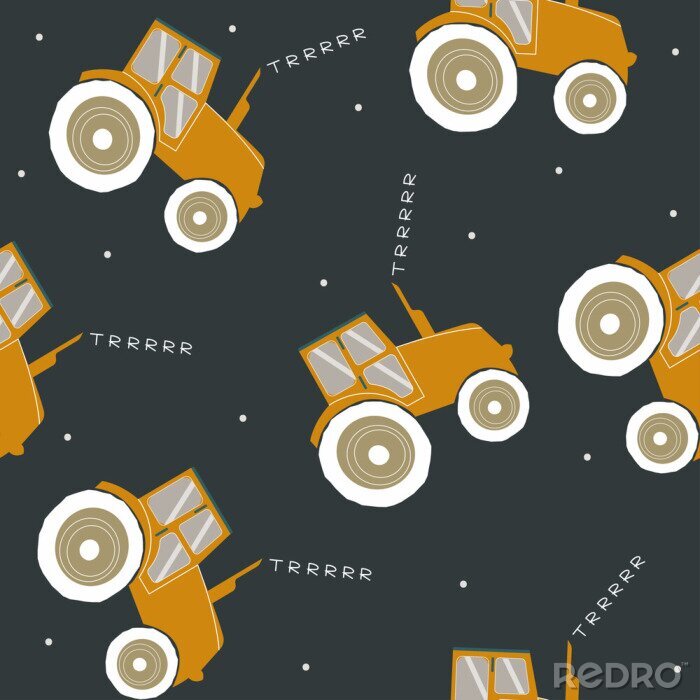 Fotobehang Naadloos patroon met koele tractor. Vector hand getrokken illustratie.