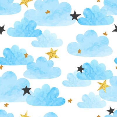Naadloos vector blauw waterverfwolken en sterrenpatroon.