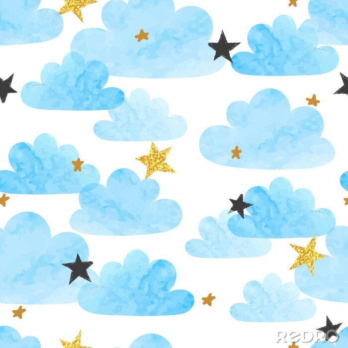 Fotobehang Naadloos vector blauw waterverfwolken en sterrenpatroon.