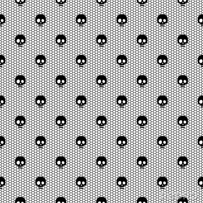 Fotobehang Naadloos zwart kant patroon met schedels op een witte achtergrond.