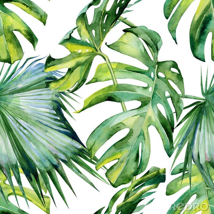 Fotobehang Naadloze aquarel illustratie van tropische bladeren, dichte jungle. Hand geschilderd. Banner met tropische zomer motief kan worden gebruikt als achtergrond textuur, inpakpapier, textiel of behang ontw