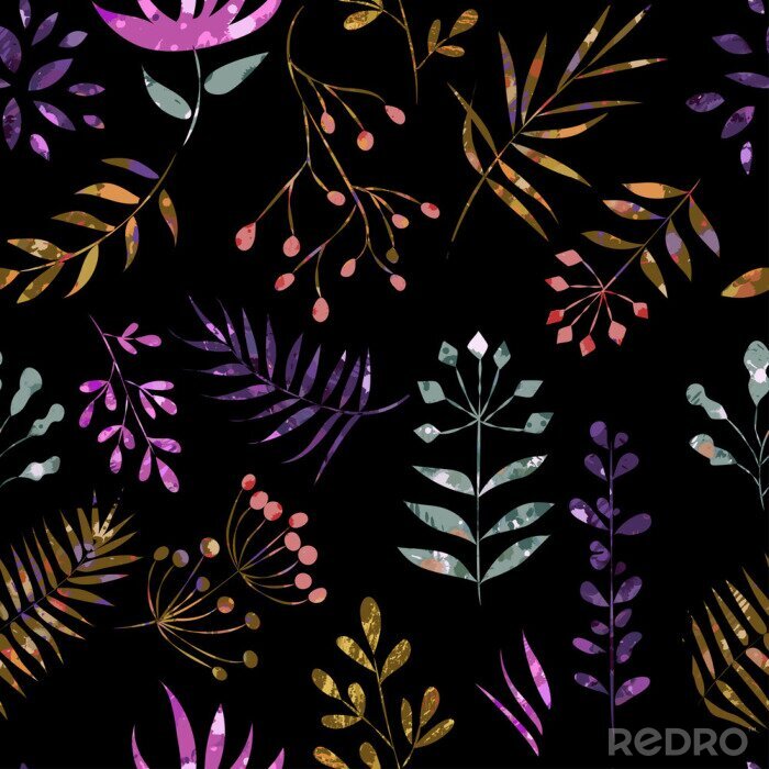 Fotobehang naadloze bonte patroon van bladeren op een zwarte achtergrond