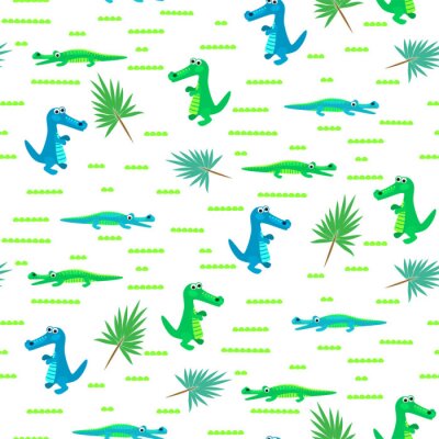 Naadloze krokodil kid cartoon vector patroon. Blauwe en groene alligator achtergrond.