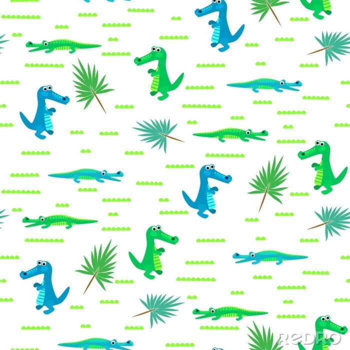 Fotobehang Naadloze krokodil kid cartoon vector patroon. Blauwe en groene alligator achtergrond.