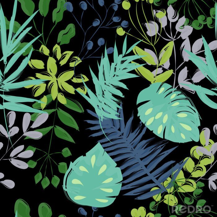 Fotobehang naadloze patroon van blauwe en groene planten op een zwarte achtergrond