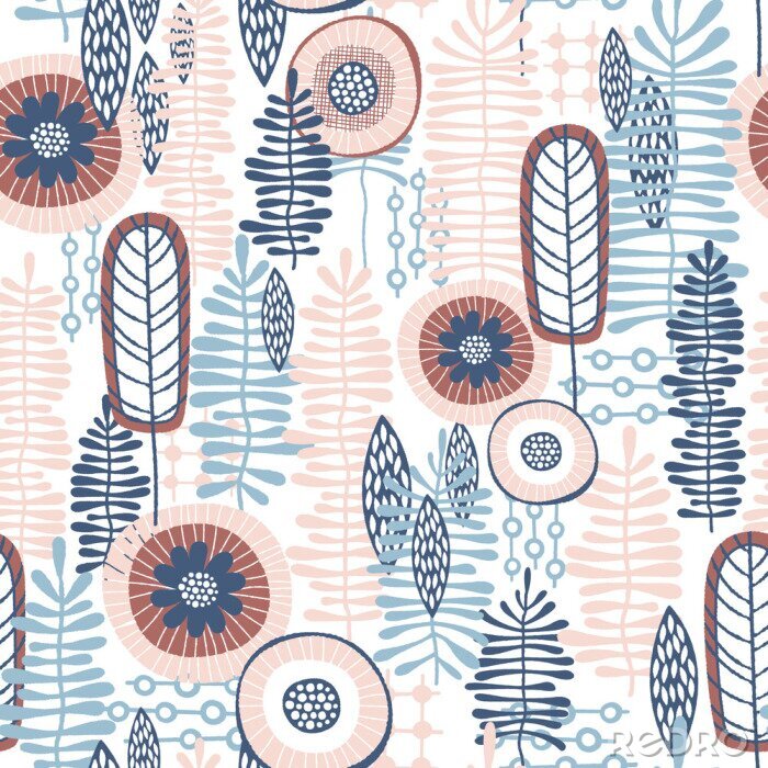 Fotobehang Naadloze vector bloemmotief met blauwe en koraal roze tinten van kleuren die kunnen worden gebruikt voor uw wallpapers, achtergronden, achtergrondafbeeldingen, patronen van de stof, kleding wordt afge