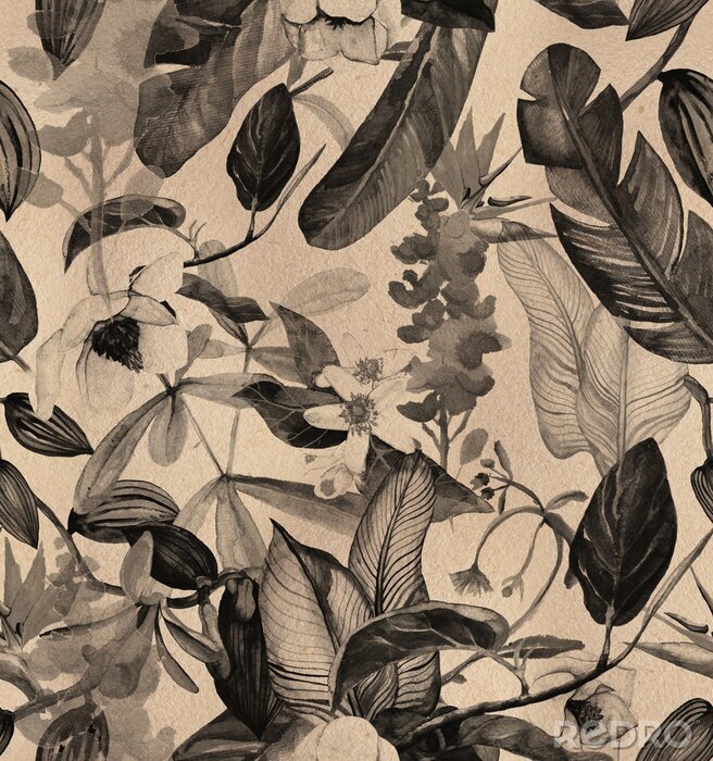 Fotobehang Naadloze vintage, ambachtelijke patroon met tropische bloemen, magnolia, oranje bloem, vanille orchidee, tropische bladeren, bananenbladeren
