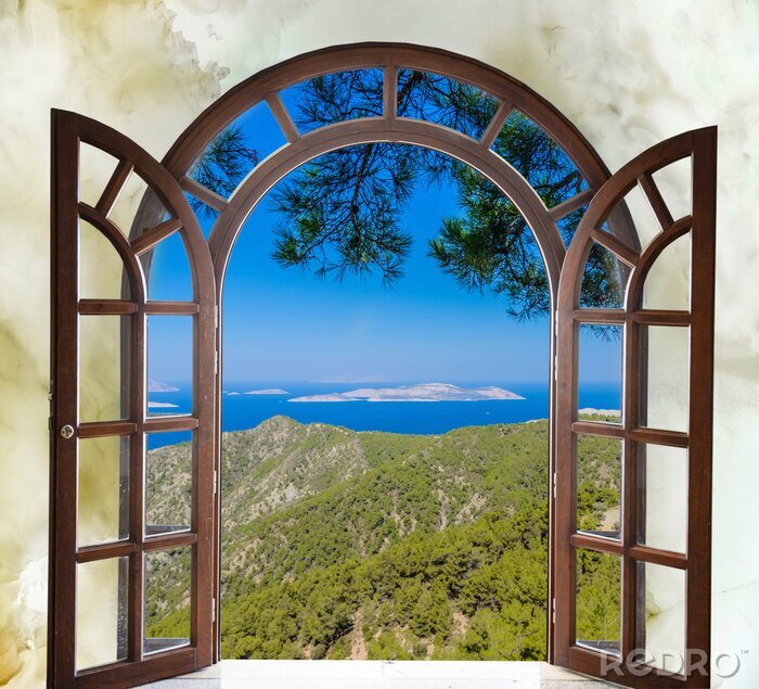 Fotobehang natuur landschap met een uitzicht door een raam met gordijnen