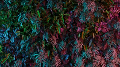 Fotobehang Neon tropical jungle forest leaves in vibrant color for retro poster background like stranger things. 80s 70s 60s. 3d rendering