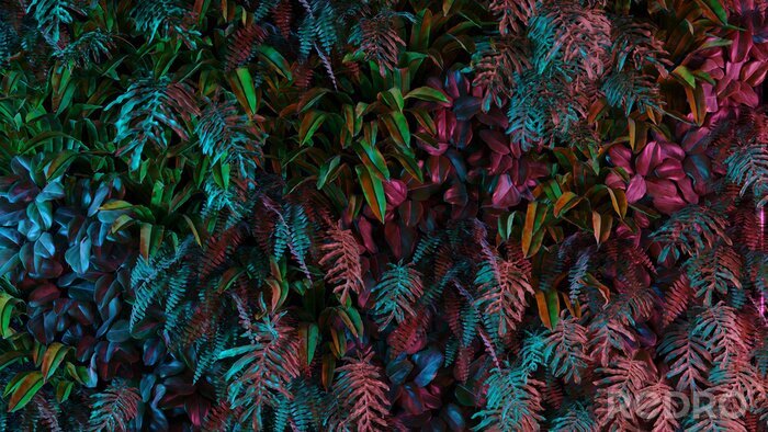 Fotobehang Neon tropical jungle forest leaves in vibrant color for retro poster background like stranger things. 80s 70s 60s. 3d rendering