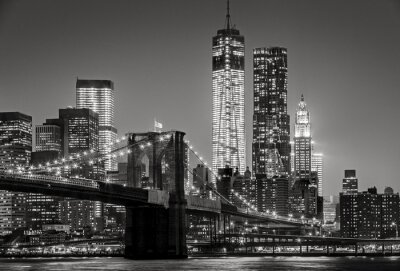 New York bij nacht. Brooklyn Bridge, Lower Manhattan - Black een
