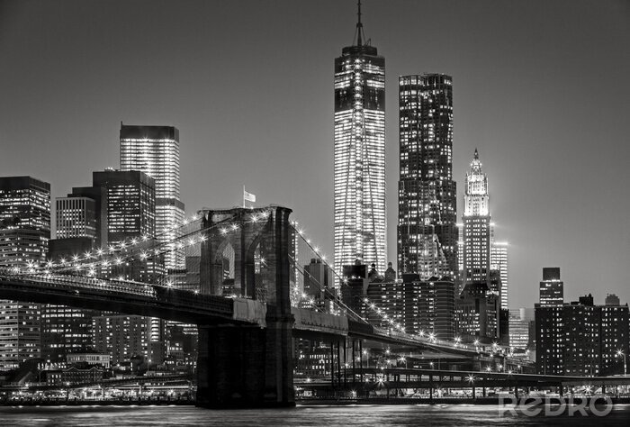 Fotobehang New York bij nacht. Brooklyn Bridge, Lower Manhattan - Black een