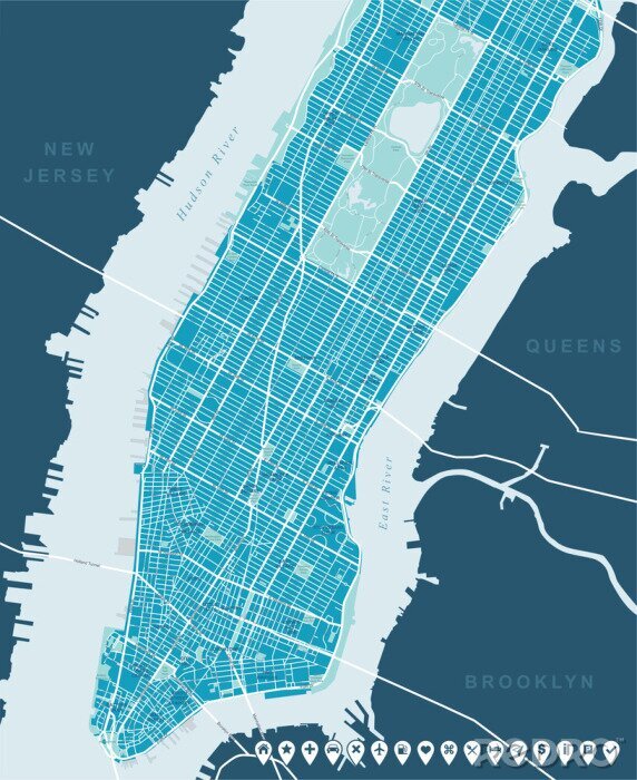 Fotobehang New York Kaart - Lower Manhattan en Mid. Zeer gedetailleerde vector kaart met alle straten, parken, namen van onderdistricten, interessante punten, etiketten, buurten.