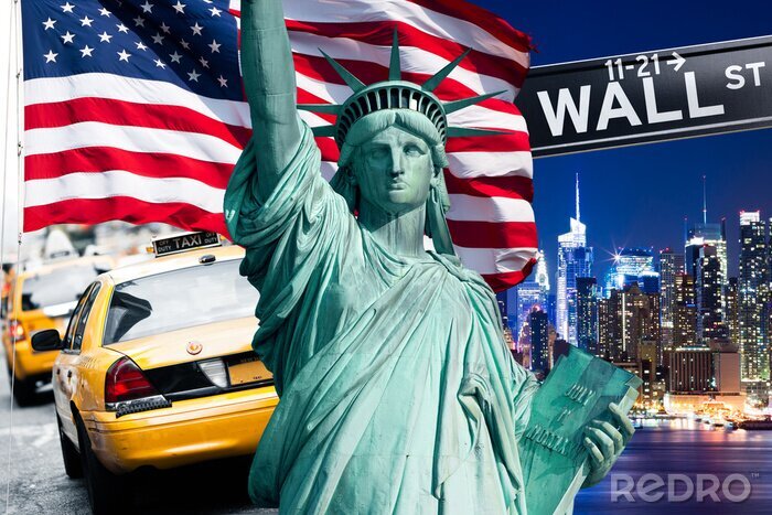 Fotobehang New Yorkse taxi en het Vrijheidsbeeld