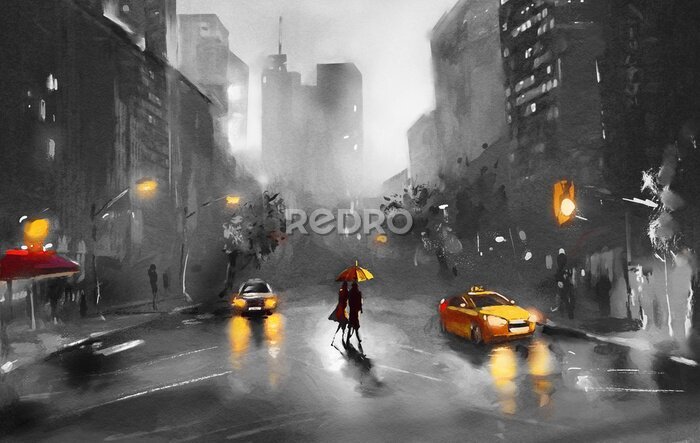 Fotobehang New Yorkse taxi's op een regenachtige avond