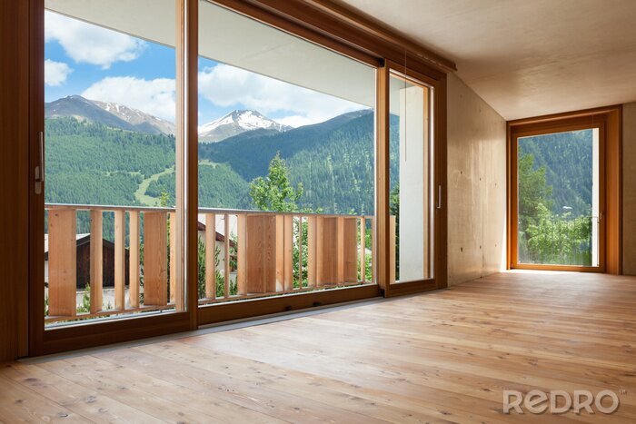 Fotobehang nieuw appartement, kamer met betonnen muren, groot raam