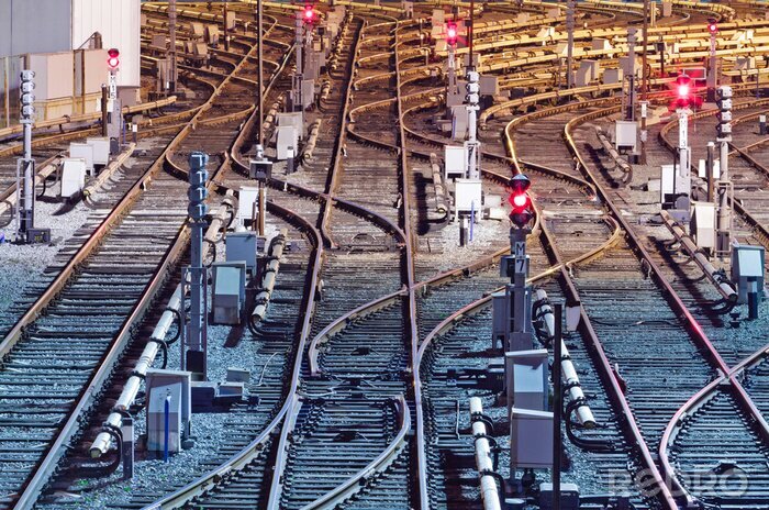 Fotobehang Night view of rail tracks in depot, Kiev
