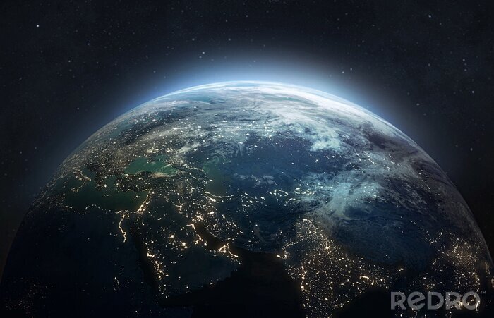 Fotobehang Nightly planet Earth in dark outer space. Civilization. Elements of this image furnished by NASA