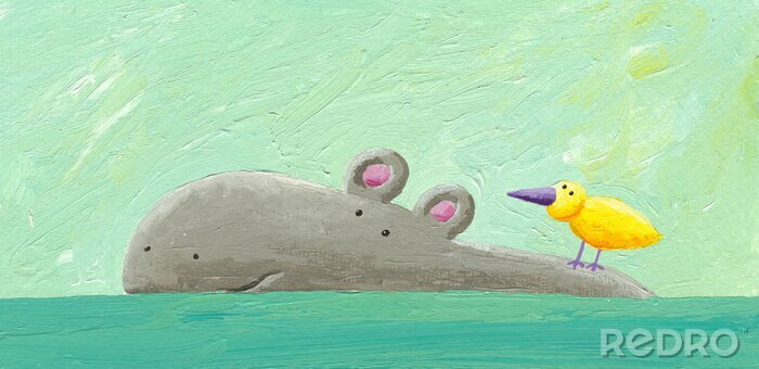 Fotobehang Nijlpaard en gele vogel