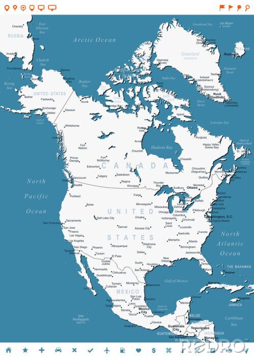 Fotobehang Noord-Amerika kaart - zeer gedetailleerde vector illustratie. Afbeelding bevat land contouren, land en land namen, stad, namen water object, navigatie iconen.