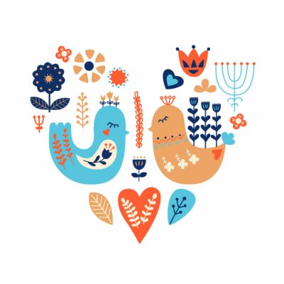 Noordse ornamenten, volkskunstpatroon. Scandinavische stijl. Twee vogels en bosbloemen. Vector illustratie.