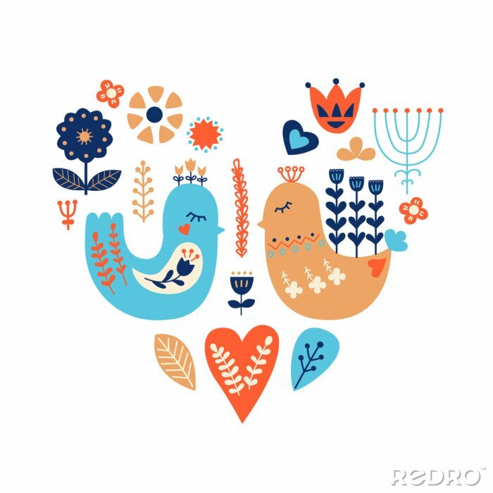 Fotobehang Noordse ornamenten, volkskunstpatroon. Scandinavische stijl. Twee vogels en bosbloemen. Vector illustratie.