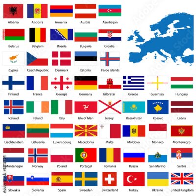 Fotobehang Officiële lijst van alle Europese landen vlaggen en kaart
