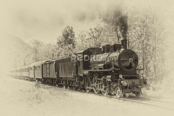 Fotobehang Old steam locomotive in vintage style