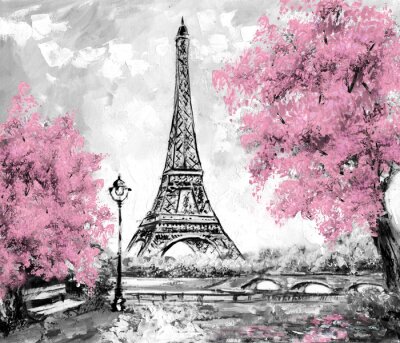  Olieverf, Parijs. Europese stad landschap. Frankrijk, Behang, Eiffeltoren. Zwart, wit en roze, Moderne kunst