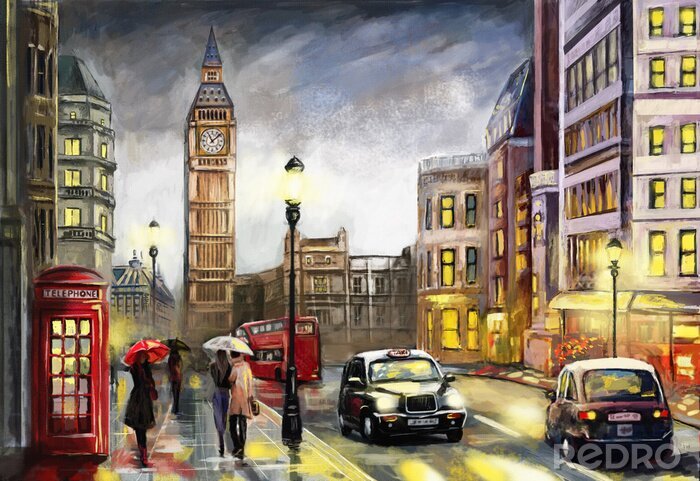 Fotobehang Olieverfschilderij op canvas, uitzicht op straat van Londen. Artwork. Big Ben. Paar en rode paraplu, bus en weg, telefoon. Zwarte auto - taxi. Engeland