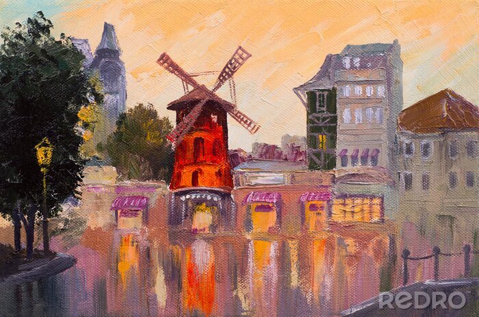 Fotobehang Olieverfschilderij stadsbeeld - Moulin rouge, Parijs, Frankrijk
